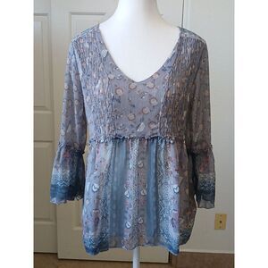 Knox Rose XS 3/4 sleeve sheer floral plus size Boho Blouse